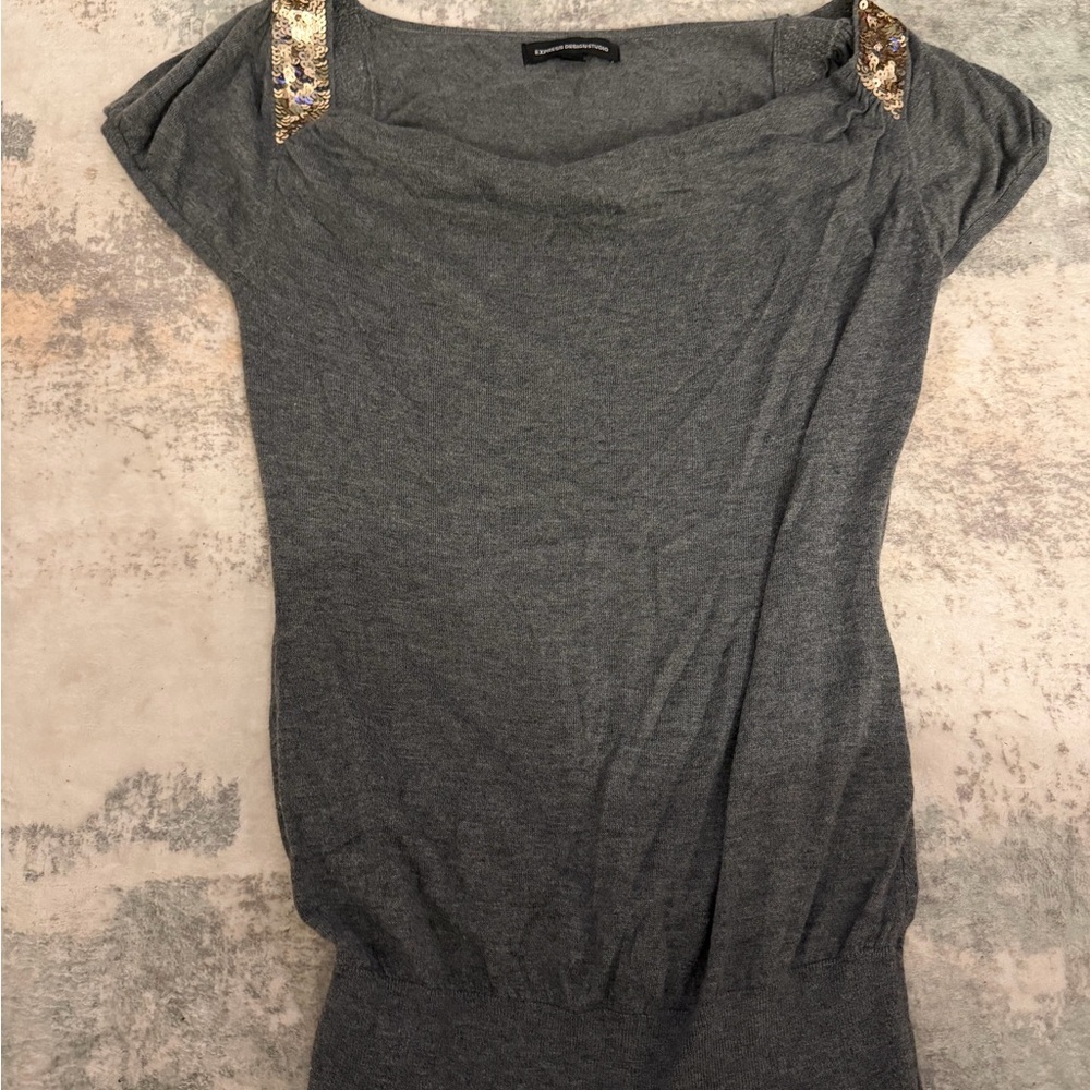 Express Gray Short Sleeve Top with Gold Sequin Shoulder Detail
